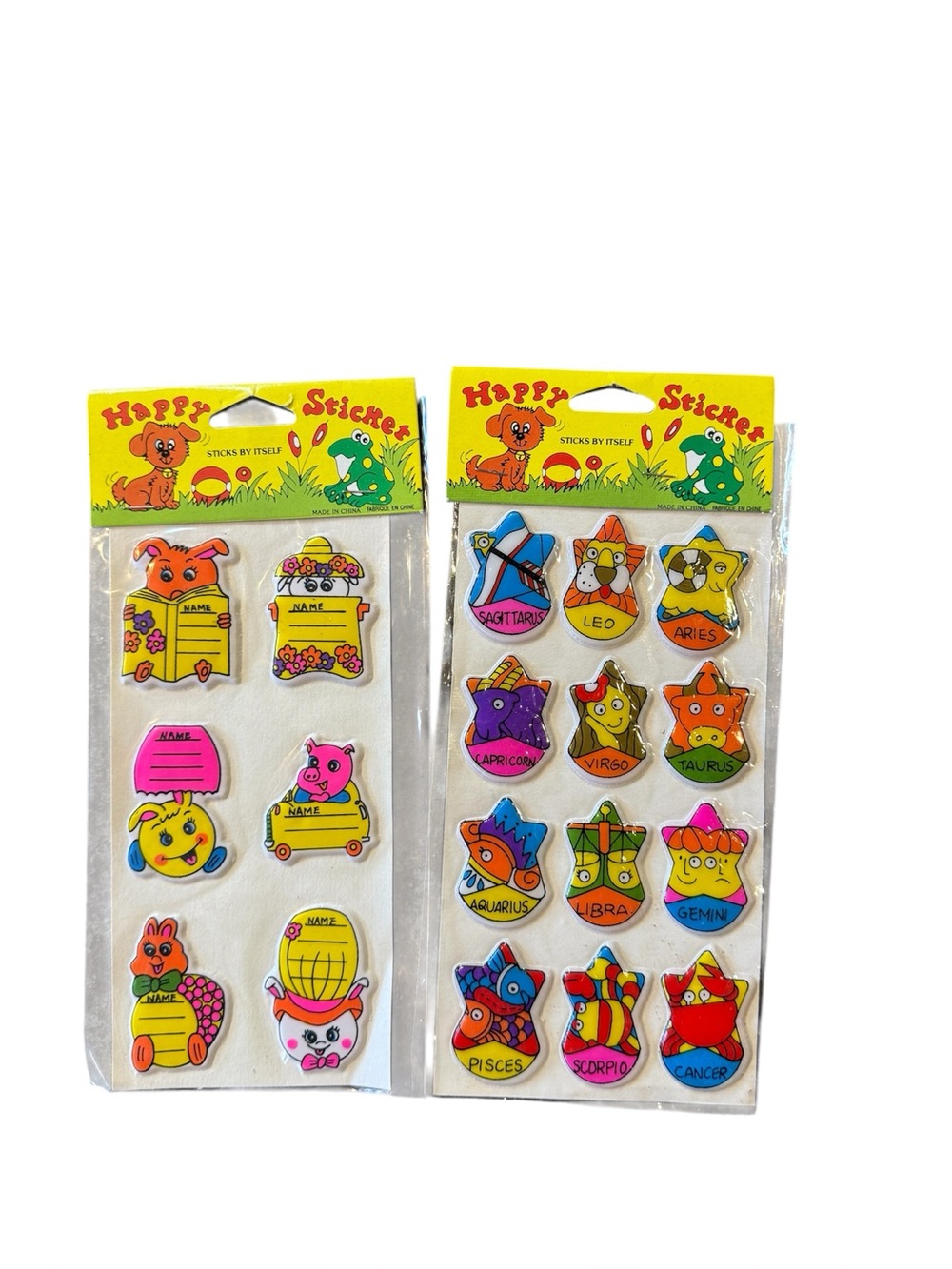 Vintage puffy stickers new in packaging. Zodiac signs and name labels